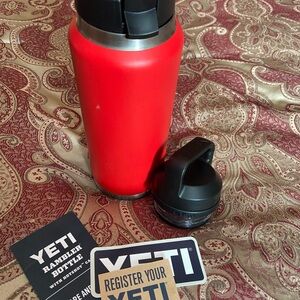 Yeti Red Rambler Bottle with Black Lid and Silver Trim extra cap 36 oz